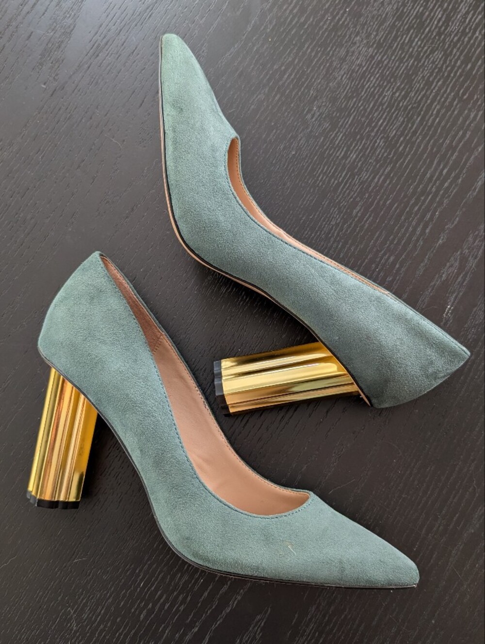 Katy Perry Collections Sage Green Suede Pumps with Gold Cylindrical Heel